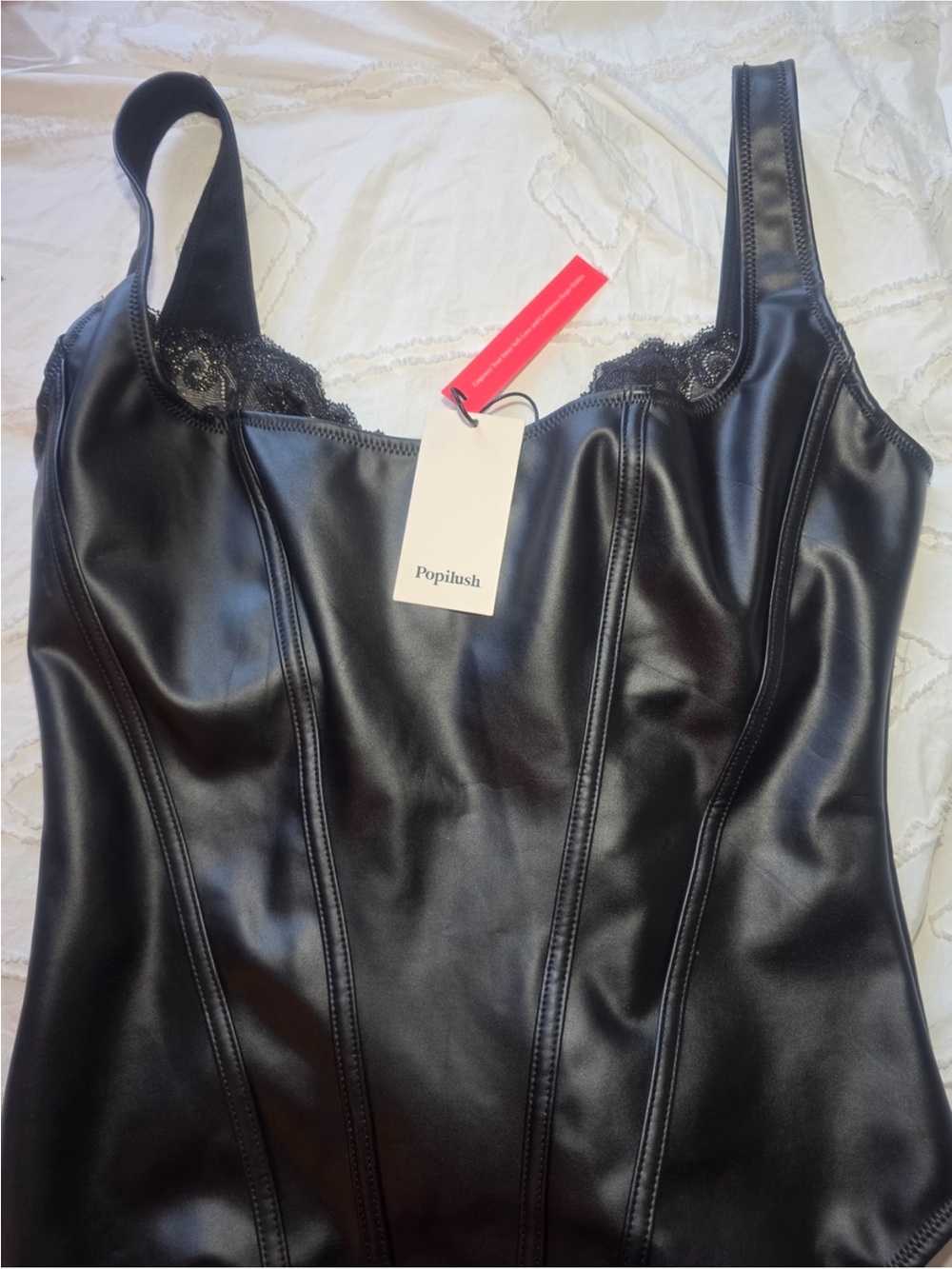 New NWT Popilush Leather bodysuit body contouring faux black leather sz L - Picture 6 of 10
